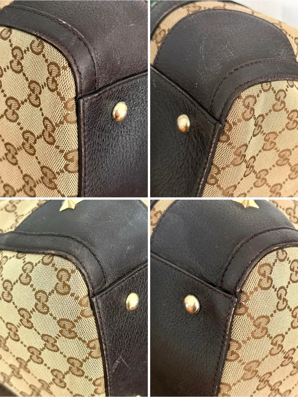 Authentic Gucci brown monogram canvas Boston satchel bag red green accents